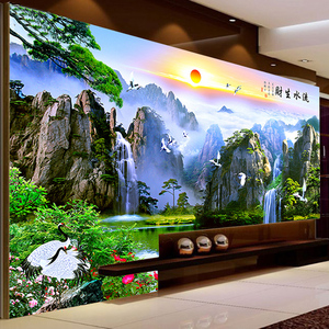 8d中式电视背景墙壁纸5d客厅山水风景画墙纸壁布3d立体迎客松壁画