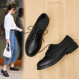 小皮鞋女秋冬加绒教资面试鞋子职业正装黑色工作鞋英伦风系带单鞋