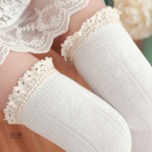 日系棉质纯棉加厚蕾丝花边过膝袜防滑长筒白色丝袜半截高筒袜子女