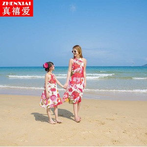 2017新款连衣裙气质夏雪纺装性感装沙滩裙母女中长款女童亲子性感少数民族图片