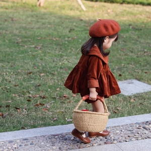 XIMF童装秋冬新款女童红棕色纯棉灯芯绒套装欧美风洋气时尚开衫