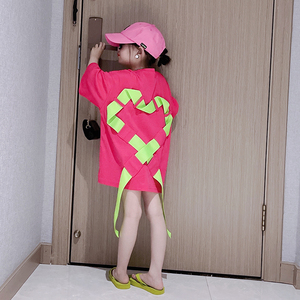 女童短袖T桖裙中长款儿童裙子宽松T桖2024新款韩版爱心织带上衣潮