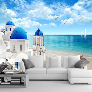 欧式3d立体地中海墙布客厅沙发电视背景墙纸8D壁纸大型壁画5D大海