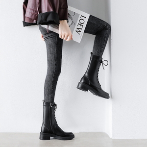 黑色马丁靴女2022年新款秋冬季加绒粗跟真皮英伦风中筒厚底短靴子
