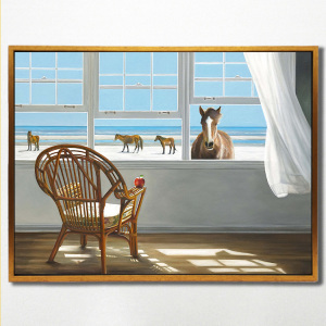 欧美外国西方海边马油画窗户壁画横版打印装饰布画挂画带框