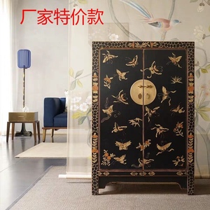 新中式仿古实木彩绘餐边柜玄关柜门厅柜鞋柜隔断柜描金蝴蝶柜定做