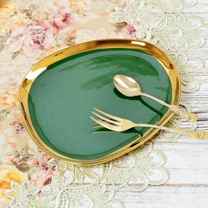 北欧餐盘 祖母绿色釉盘 西式糕点陶瓷小平盘 美食陶瓷盘 瑕疵