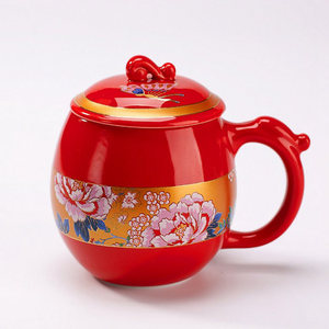 陶瓷茶杯带盖中国红杯子办公水杯结婚婚庆用品红色陶瓷水杯龙涵杯