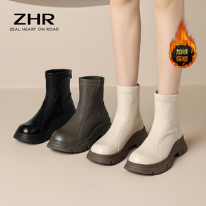 ZHR厚底加绒短靴女英伦风2024秋冬季新款软底马丁靴小个子瘦瘦靴