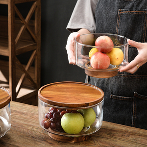 日式玻璃果盘家用简约创意摆件果盘木质收纳大小号高脚果盘糖果盆