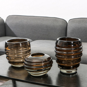 美式轻奢咖色条纹环形透明玻璃花瓶客厅餐桌家居样板间工艺品摆件