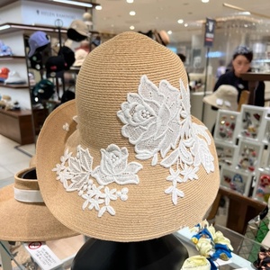 日本Athena New York拉菲草帽子芭芭拉刺绣花朵防晒渔夫帽遮阳帽