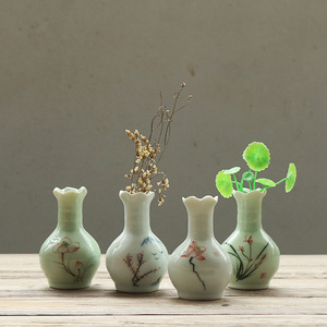 手绘青瓷小花瓶陶瓷创意瓷瓶花插花瓶瓷器茶道迷你摆件水培小花器