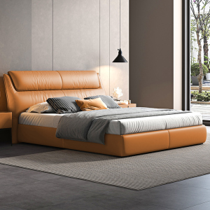 丝涟舒达皮床真皮床现代简约落地主卧婚床1米8实木双人床十大品牌