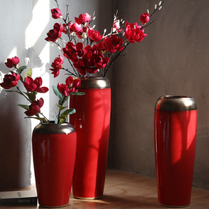 中国红陶瓷落地大花瓶客厅插花摆新中式现代简约件创意大红色喜庆