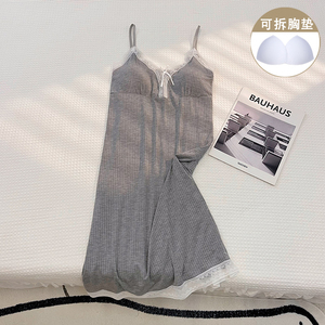 韩系性感蕾丝吊带睡裙女夏季带胸垫可外穿莫代尔纯棉灰色睡衣中裙