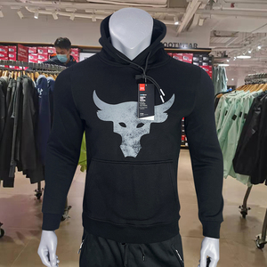 ua安德玛运动加绒卫衣男子强森牛头保暖休闲跑步套头宽松连帽上衣