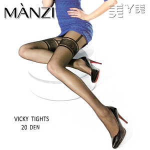Manzi曼姿20D圆点网纹大腿提花仿长筒吊带连裤袜美腿春夏黑丝袜