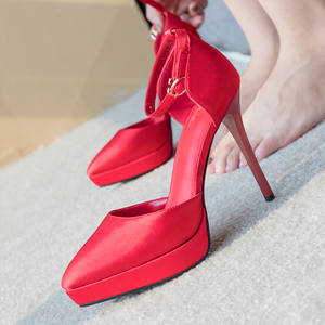 大红色婚鞋女防水台超高细跟结婚鞋子一字扣12cm新娘鞋凉鞋秀禾鞋