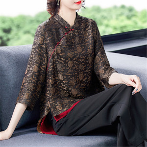 香云纱女装清仓特价复古中老年桑蚕丝中袖宽松真丝不规则上衣高端