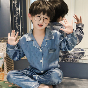 韩国男童睡衣夏季薄款2024新款长袖冰丝春秋男孩中大童家居服套装