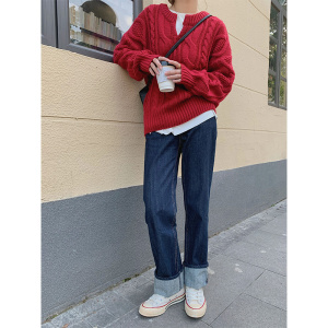 cozydays 复古蓝直筒卷边牛仔裤女秋冬新款港味高腰宽松显高长裤