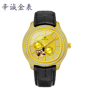纯金999男士金表满镶表盘进口机械机芯足金999防水腕表纯黄金手表
