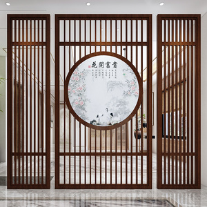新中式原木屏风隔断客厅玄关入户木格栅实木花格镂空现代简约座屏