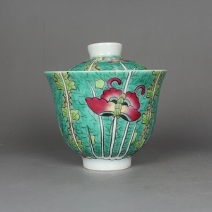 清同治粉彩白菜纹盖杯单杯 古玩古董陶瓷器手工仿古老货收藏摆件