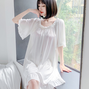 维密情睡衣女夏真丝性感薄款白色甜美仙女风丝绸长款睡裙宽松大码