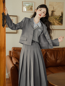 韩系学院风西装外套女春秋装高级感英伦西服jk制服复古百褶裙套装