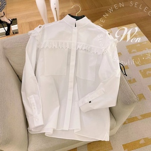 wen英国代购新款lv女士白色蕾丝木耳边棉衬衣c31