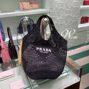 wen英国代购新款prada女士黑色白字logo镂空编织单肩包d19