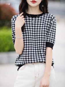 纯棉线黑白格子针织短袖t恤女夏季时尚提花拼色圆领舒适全棉线衫
