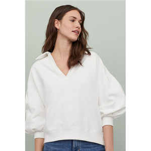 h&m专柜正品 hm女装2020春新品百搭柔软v领七分袖白色卫衣上衣女