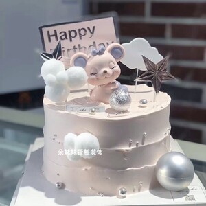 蛋糕摆件粉色抱爱心鼠宝宝周岁百天 老鼠公仔蛋糕甜品台装饰用品