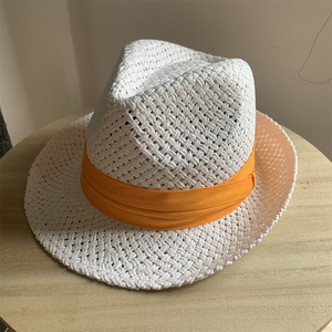 白橘色礼帽手工编织夏天度假沙滩太阳短檐遮阳帽卷边巴拿马草帽女