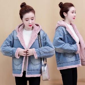 韩国代购牛仔外套女短款秋冬装宽松加绒加厚羊羔绒小个子上衣棉服