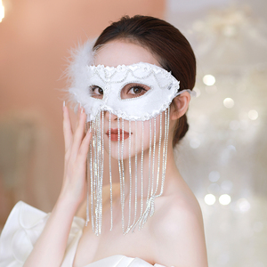 公主名媛舞会白色面具全脸羽毛遮面网纱万圣节假面女派对cos面纱