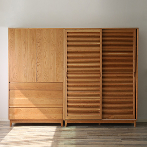 北欧日式实木樱桃木衣柜推拉门储物柜卧室家用整体百叶门原木定制