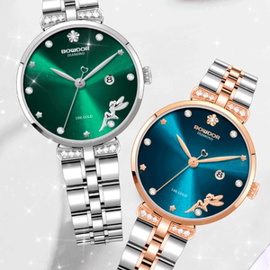 bowdor宝舵手表女士真钻石英表时尚防水腕表18k金丁香花女表9008l