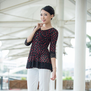 今中老年女装春秋七分袖网纱红苹果中长款套头t恤妈妈装