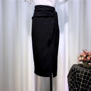 高腰开叉中长裙韩版气质修身夏季新款收腰包臀系带开衩半身裙黑色