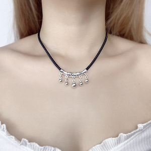 节节高升项链纯银弯管竹节铃铛黑绳s925锁骨链女高级设计感编织潮