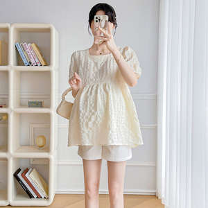 韩式减龄短袖褶皱孕妇衬衫夏季新款宽松遮肚子娃娃衫孕期纯棉上衣