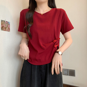 新中式国风短袖t恤女夏2024新款复古盘扣不规则开叉短款红色上衣