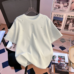白色短袖t恤女夏季设计感小众宽松百搭显瘦休闲重工钉珠半袖上衣