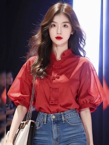 品牌撤柜新中式女春款国风上衣新款爆款高级感红色五分袖雪纺衬衫