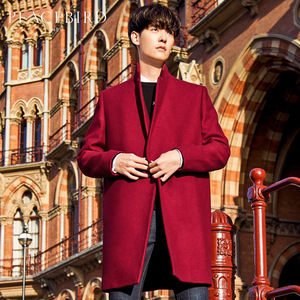 太平鸟大衣男装冬季新款韩版修身红色翻领中长款羊毛呢大衣外套男