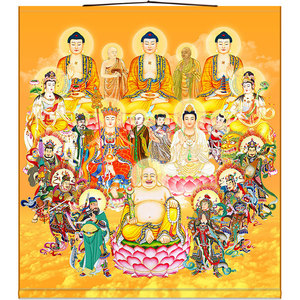 全堂佛画像 全佛图如来佛祖弥勒佛 韦驮地藏王观音文殊菩萨卷轴画